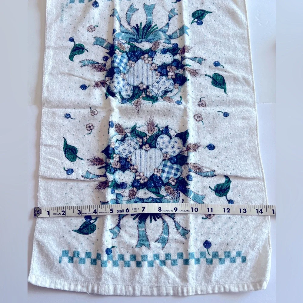 Vintage Kitchen Towels Featuring a Blue/Green/Brown Hearts and Ribbon Bouquet.